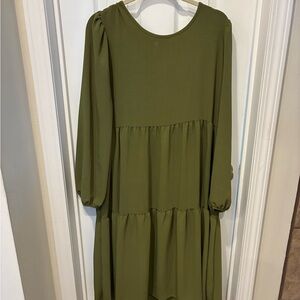 Tiered Olive Green Midi Dress with Puff Sleeves